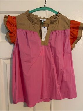 VOY Pink Colorblock Ruffle Sleeve Blouse with Tan Yoke and Orange Accents